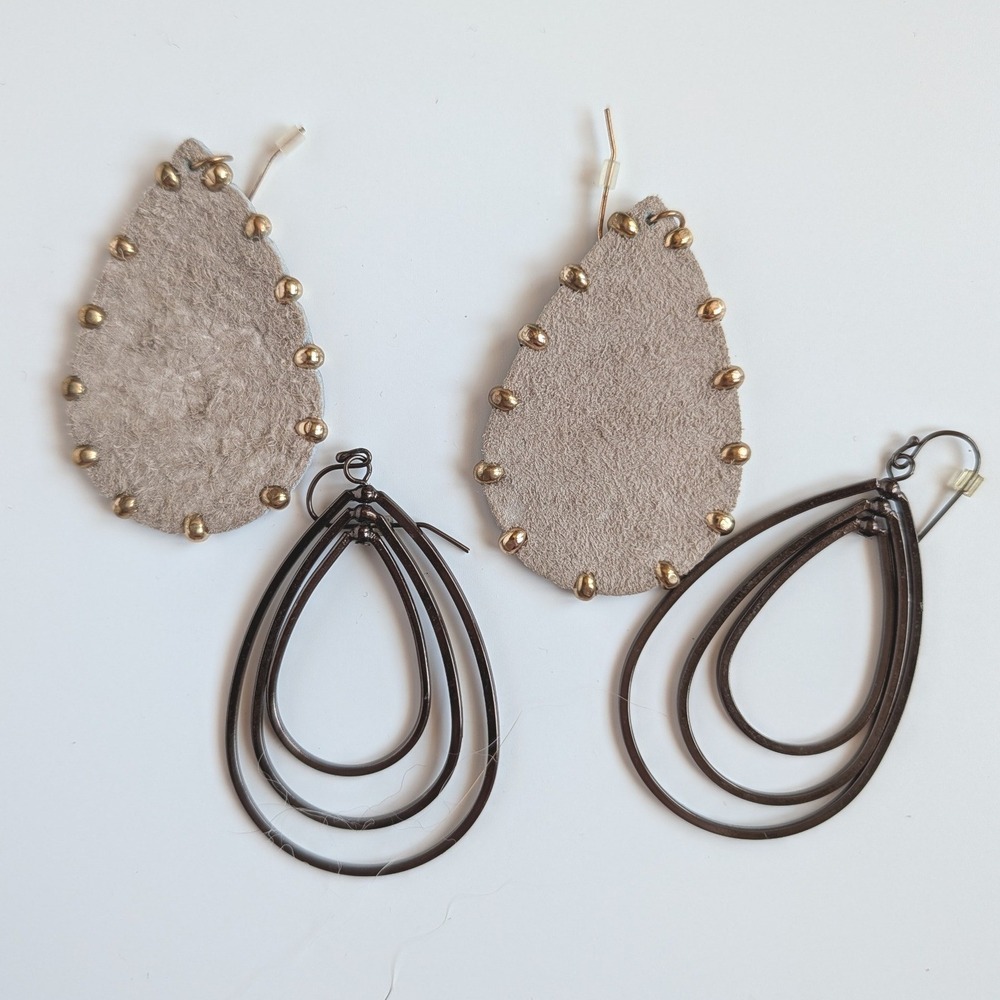 Boho Teardrop Earring Bundle Bronze Metallic Faux Leather & Triple Layer Metal - Picture 1 of 5